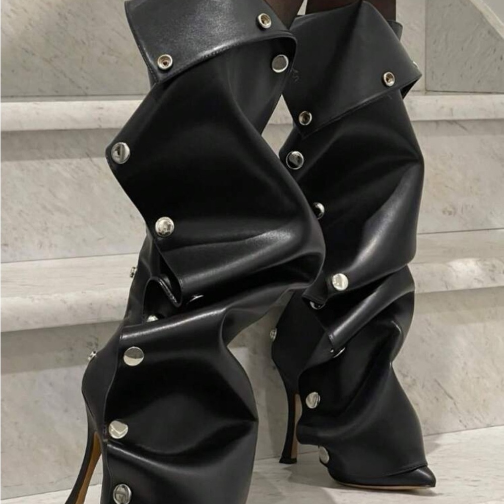 Black Leather Snap Button Pants - image 2